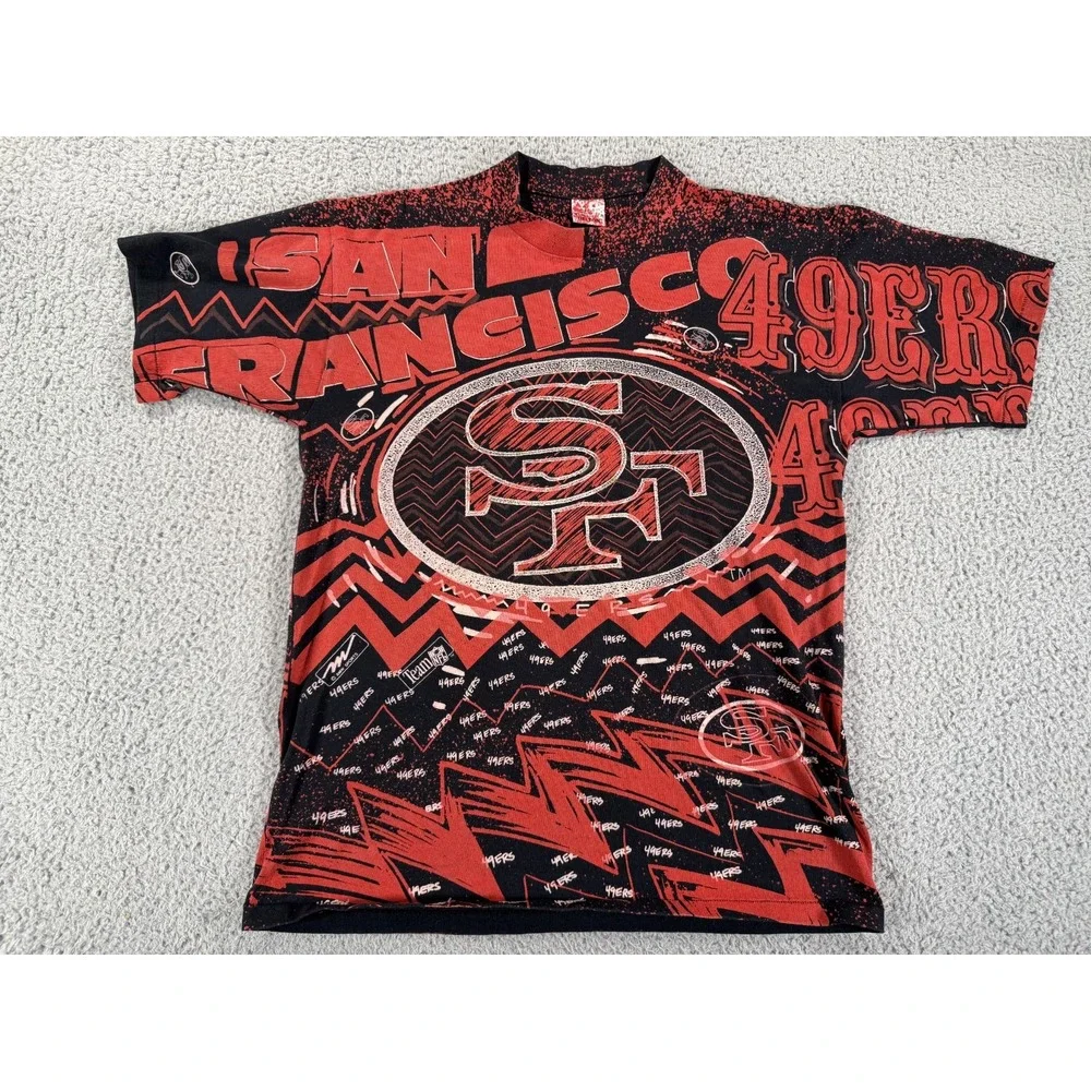 Vintage 90s San Francisco 49ers Magic Johnson T-Shirt Mens XL Black Red AOP Logo